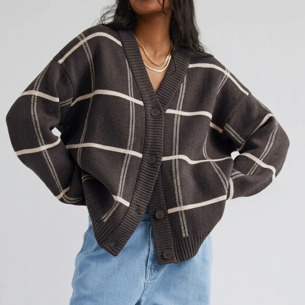OAK + FORT Plaid Cardigan Brown Oversized M Dark Academia Minimalist Fall Office - Picture 1 of 10